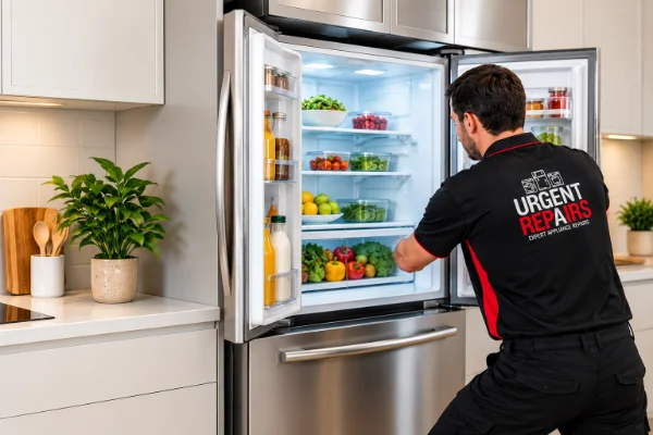 Fridge repair technician working on a refrigerator in Sydney