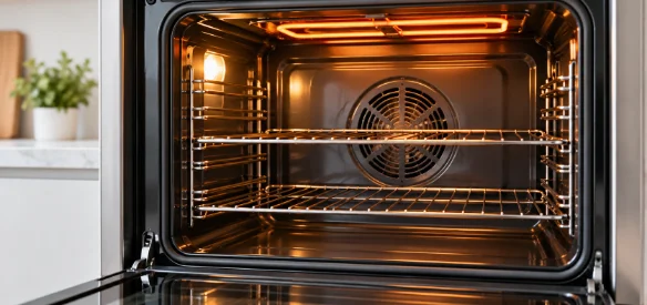 Inside an electric oven with glowing heating elements