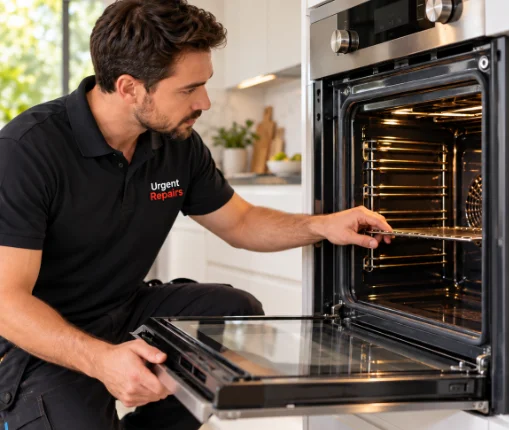 Oven service technician examining the interior of a built-in oven