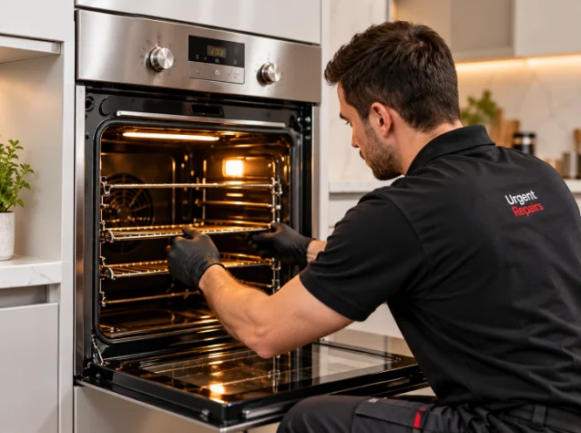 Technician inspecting an open built-in oven