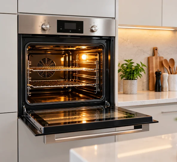 Open built-in electric oven in a contemporary kitchen
