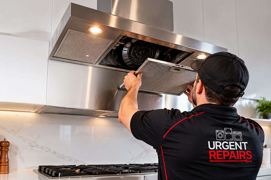 Technician inspecting a kitchen range hood during a Sydney repair visit