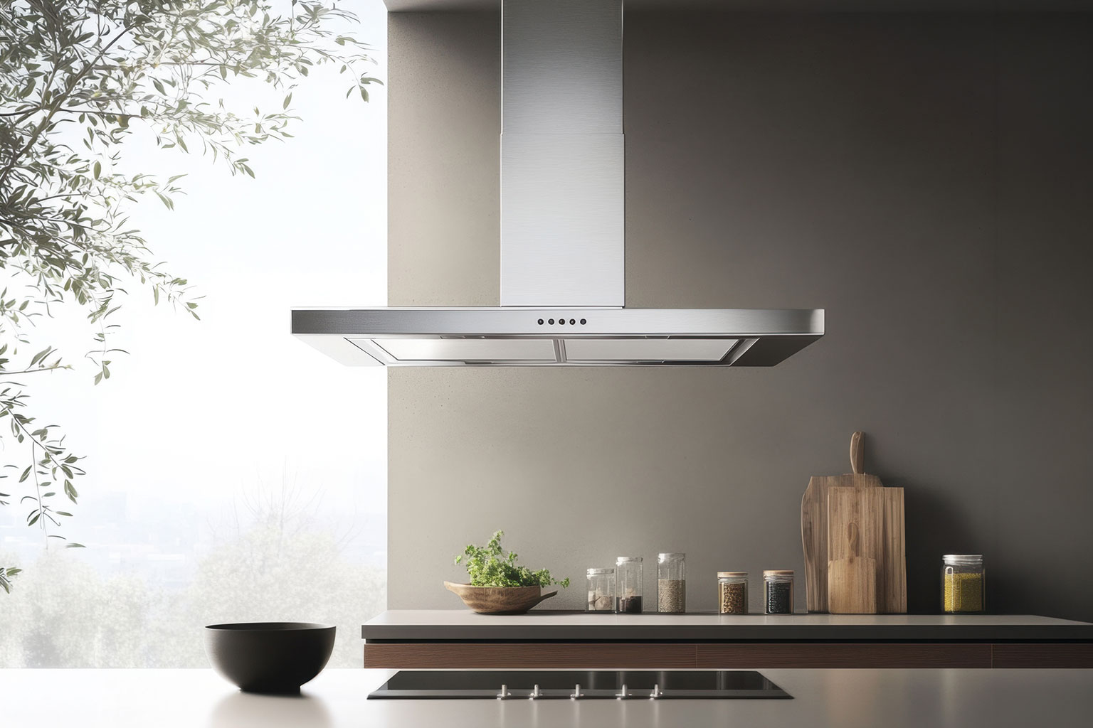 Stainless steel range hood installed above a cooktop in a modern kitchen