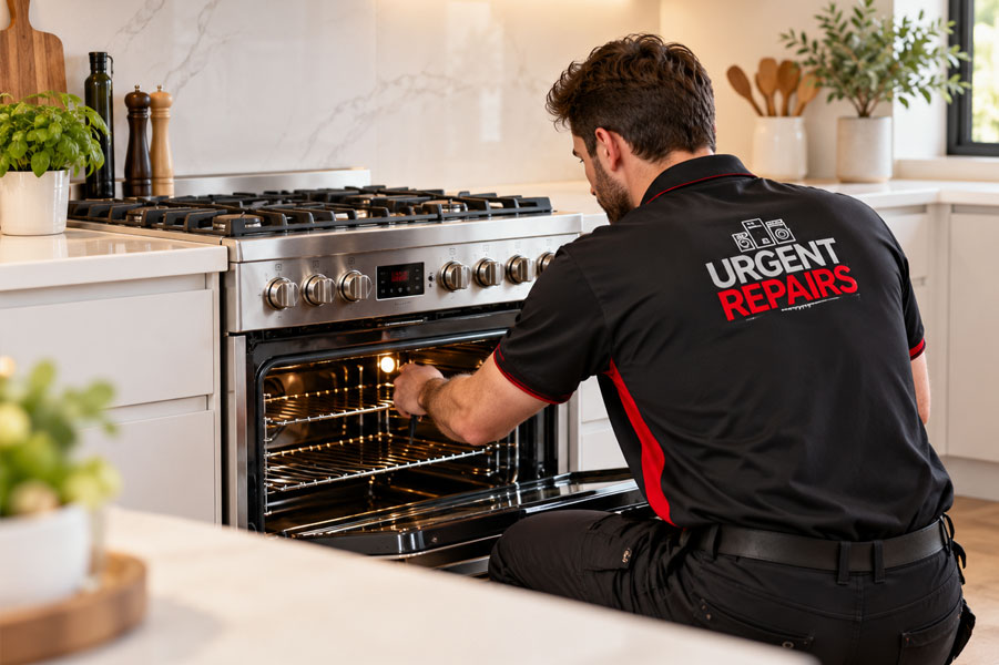 Technician inspecting a freestanding kitchen stove in a Sydney home